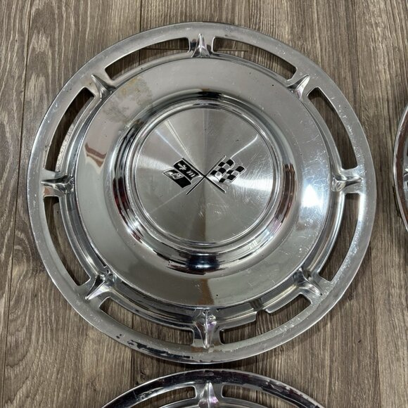 VTG 1960's Chevrolet Chevy Impala Cross Flag Wheel Covers Hubcaps 4 Chrome 14" - Picture 2 of 9